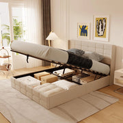 Letto contenitore idraulico 160X200CM, letto matrimoniale imbottito con testiera e contenitore, giroletto con rete a doghe, letto per ragazzi, senza materasso,Beige