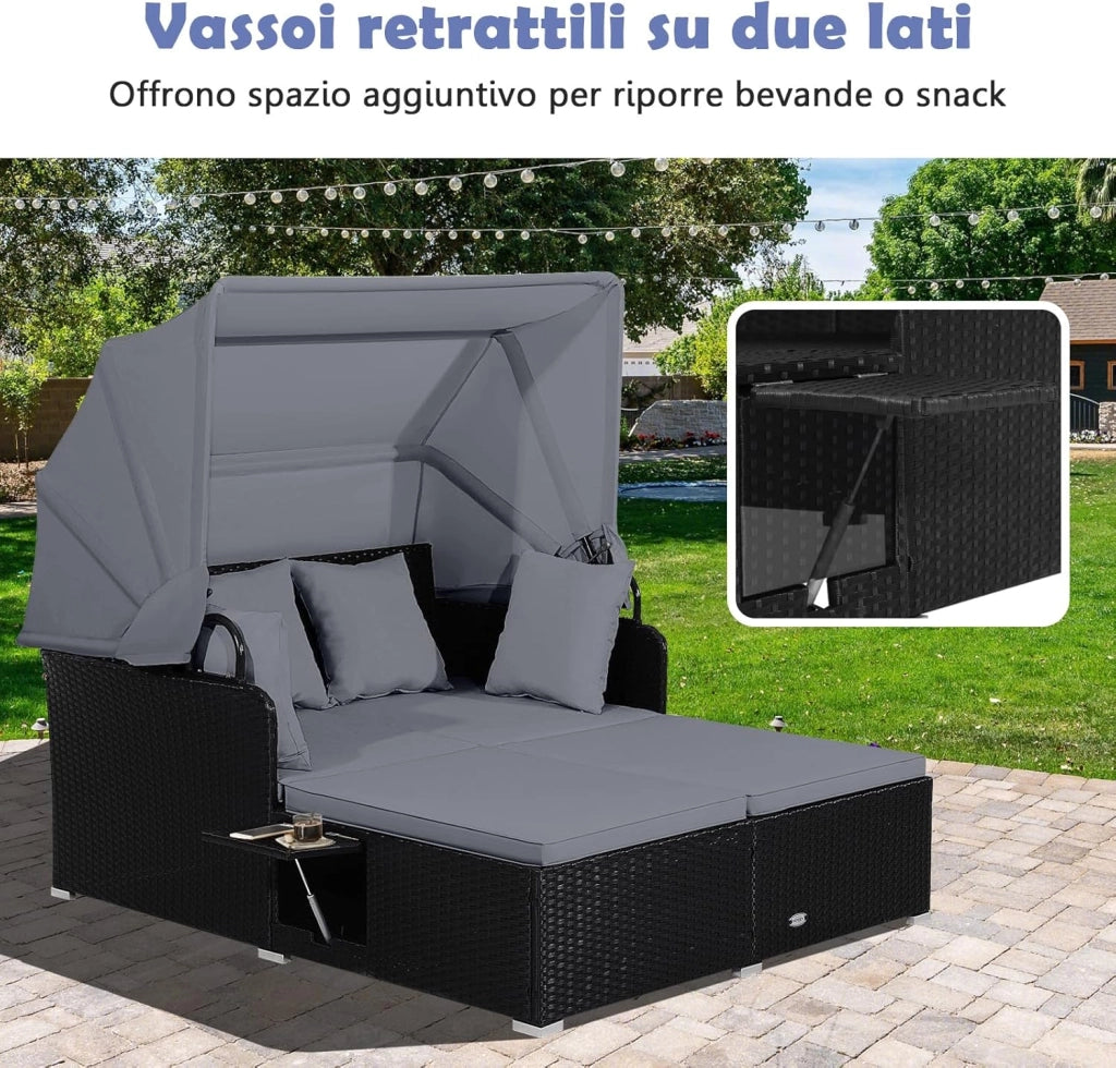 Lettino Prendisole per 2 Persone, Divano Letto Matrimoniale da Esterno in Rattan con Tettuccio Retrattile e Cuscini, Isola Prendisole per Giardino Cortile Balcone,165 x 153 x 138 cm (Grigio)
