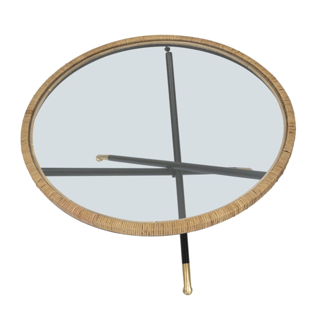 Tavolino da caffè rotondo Saint Barth con piano in vetro, ferro e rattan — Ø 80x46,5 cm