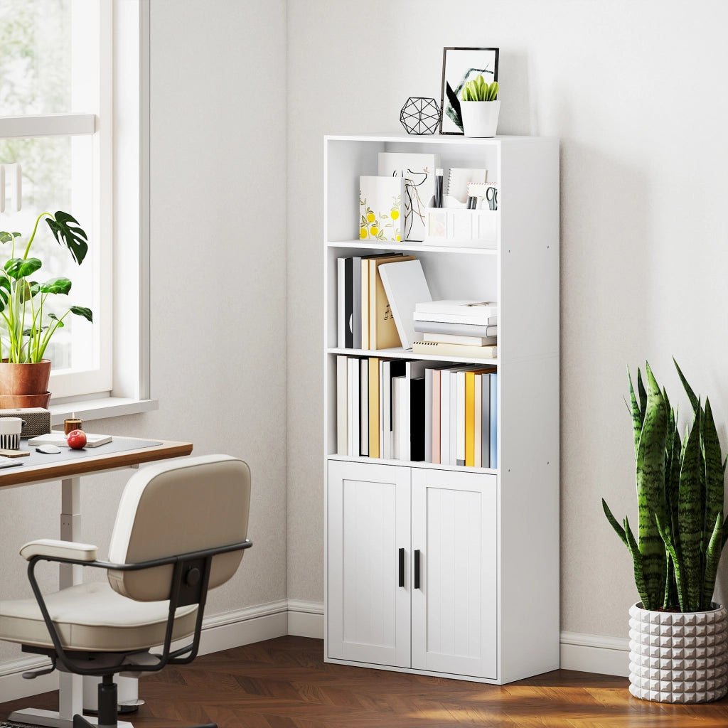 Libreria con Ripiani Aperti e Armadietto 2 Ante 60x30x145.5 cm in MDF Bianco