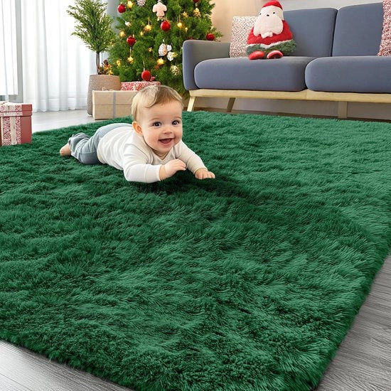 Tappeto Fluffycare con Sottopiede Antiscivolo Lavabile Grande per Salotto, Camera da Bambini, Camera da Letto - 200 x 280 cm, Verde Scuro