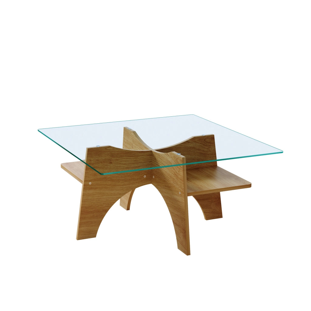 TAVOLINO Quadrato 80 cm Vetro temperato Trasparente e MDF Effetto legno chiaro