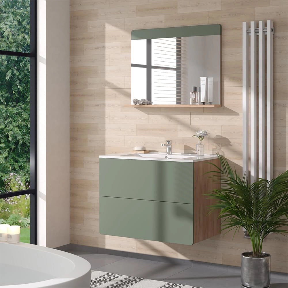 Set di mobili da bagno Izan, Goldkraft rovere/verde, 3 parti con specchio