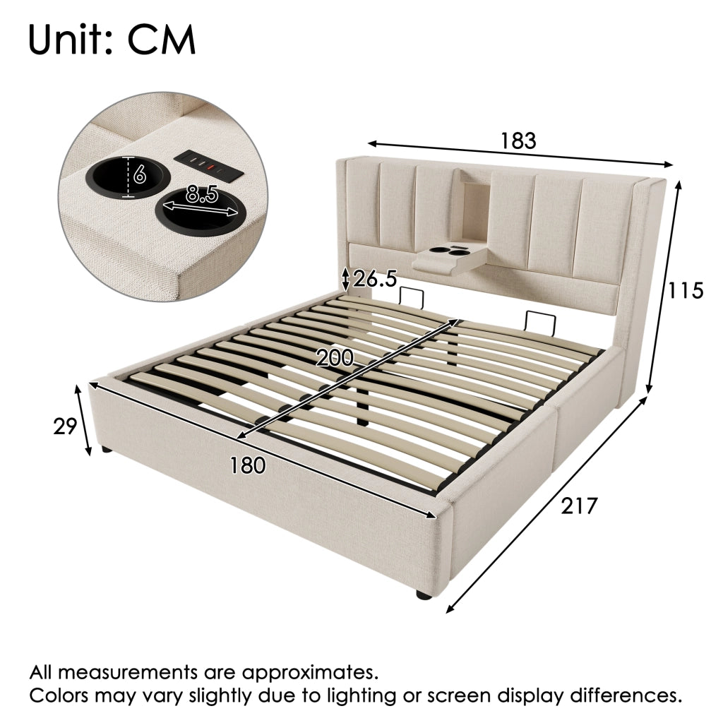 Letti contenitori 180x200 cm; con porta USB e portabicchieri; lino beige (Senza materasso)