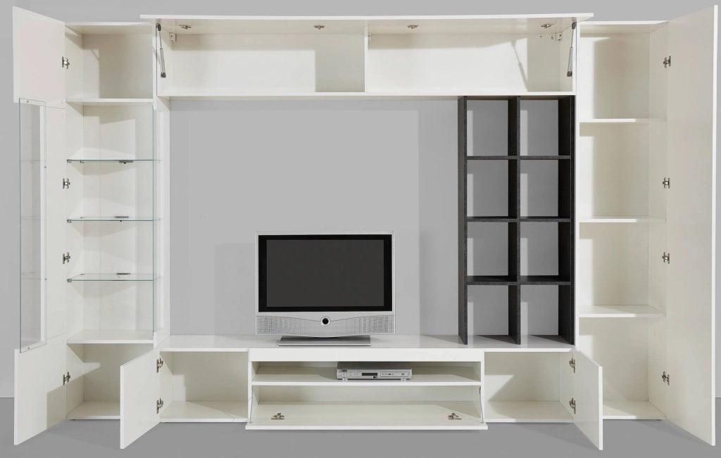 Igor, Parete Attrezzata 7 Ripiani Made in Italy, 40x290x192h cm Bianco Lucido