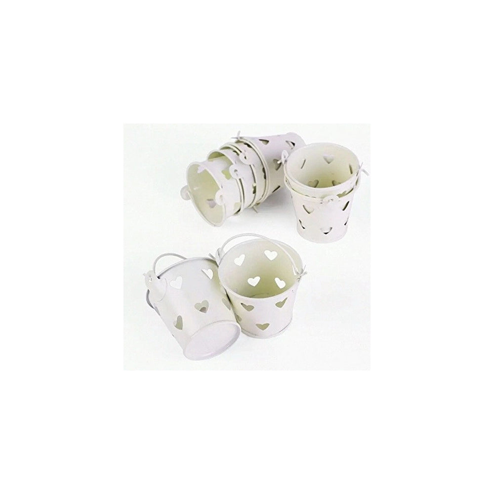 Trade Shop - 24 X Secchielli Bianchi Con Cuori In Latta Verniciata Portaconfetti Bomboniera -