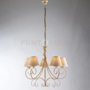 Lampadario in ferro laccato avorio con decorazione oro antico e paralumi diametro 13 in pvc effetto tessuto juta 5 luci