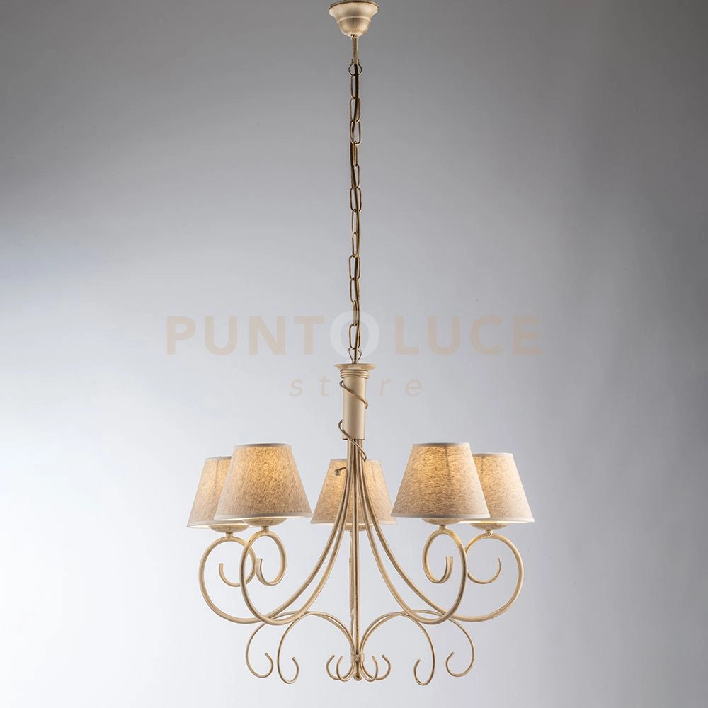 Lampadario in ferro laccato avorio con decorazione oro antico e paralumi diametro 13 in pvc effetto tessuto juta 5 luci