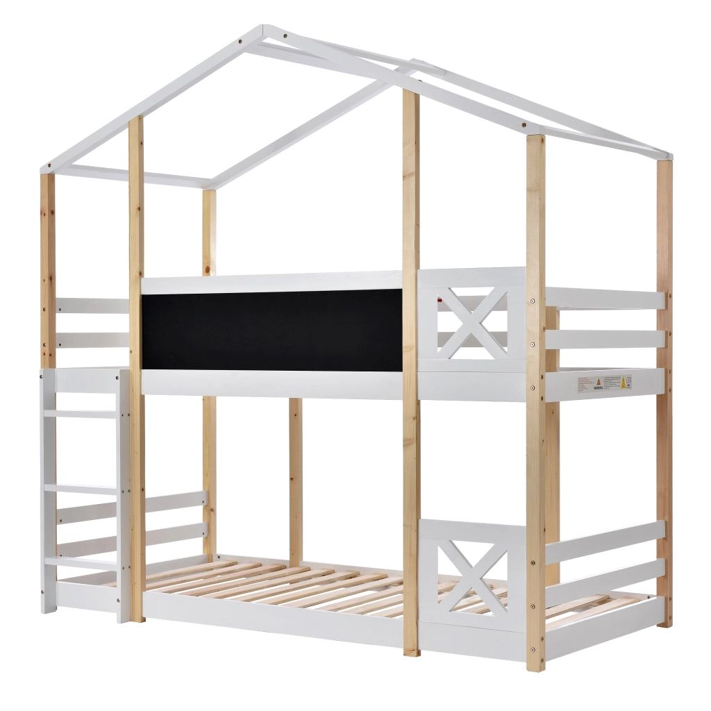 Letto a soppalco per bambini 90x200 cm con scala, 2 reti a doghe, bianco