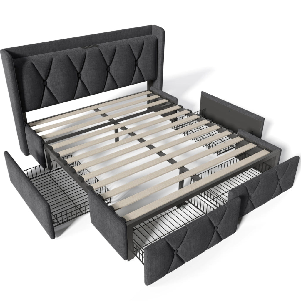Letto matrimoniale imbottito 140x200 cm con 4 cassetti; ricarica USB e prese; grigio