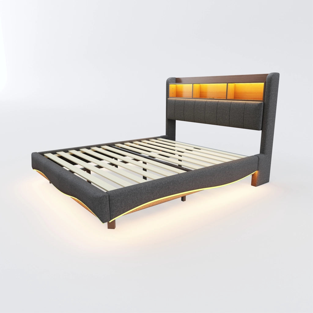 LETTO Imbottito 160x200 cm Grigio con LED, USB e Type-C