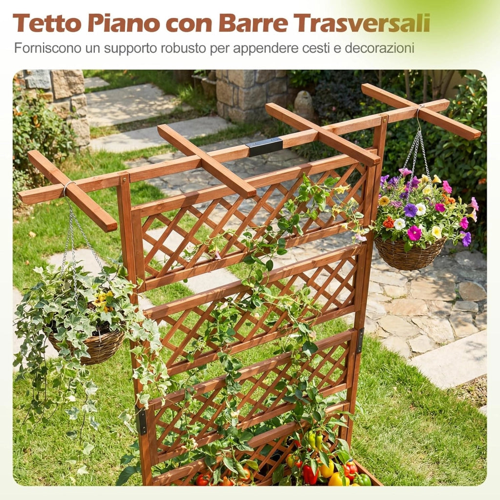 Letto da Giardino con Traliccio, Fioriera Rialzata in Legno con Spalliera, Fori di Drenaggio e Fondo Rimovibile, Aiuola Elevata con Griglia per Piante Rampicanti e Verdure