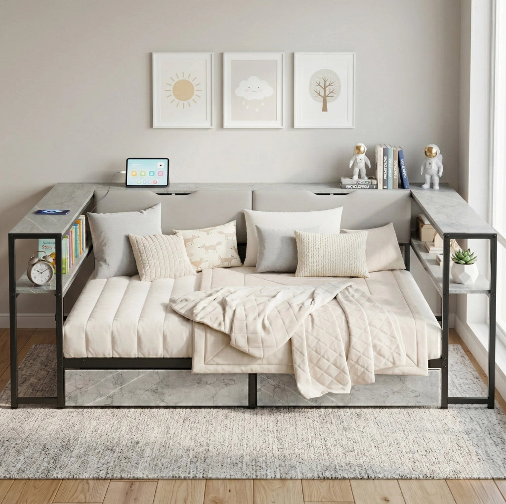Letto imbottito 140x200 con USB e Type-C; 2 cassetti; rete a doghe; grigio