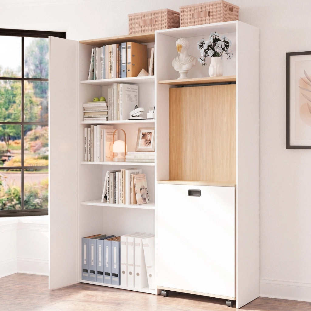Scrivania pieghevole 2 in 1 con libreria, presa EU e USB, bianco, MDF, 104,5 × 30,5 × 160 cm