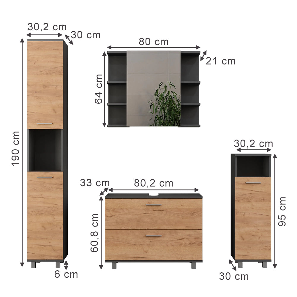Vicco Set di mobili da bagno Quercia dorata/antracite 4 parti