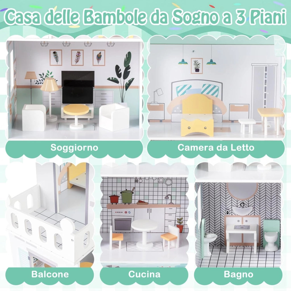 Casa delle Bambole a 3 Piani in Legno, Casa Barbie con Scale e 17 Pezzi di Mobili Completi, Villa da Principessa Fai-da-Te Giocattolo per Bambini 3+ Anni, 74,5 x 63 x 120,5 cm (Verde)