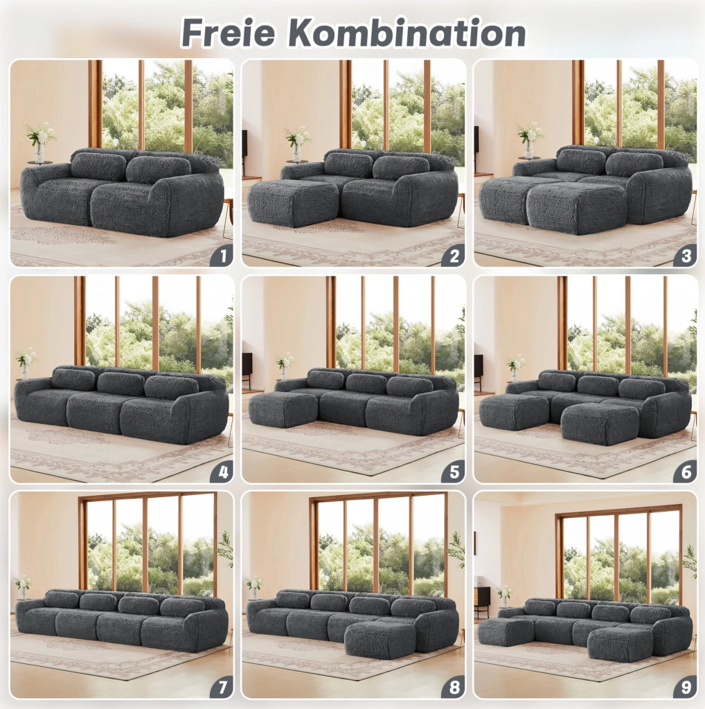Divano modulare a U in tessuto plush grigio 378x179x73 cm; senza montaggio