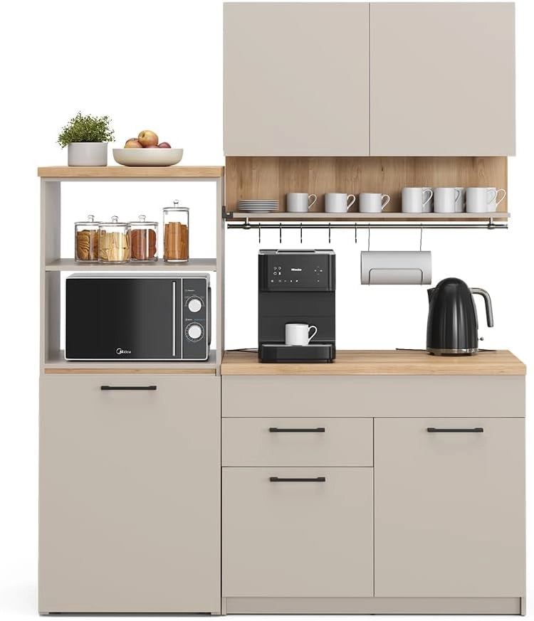 Cucina singola Egbert, Antracite, 160 cm con tavolo allungabile con striscia LED, con asciuga piatti integrato e ripiani laterali