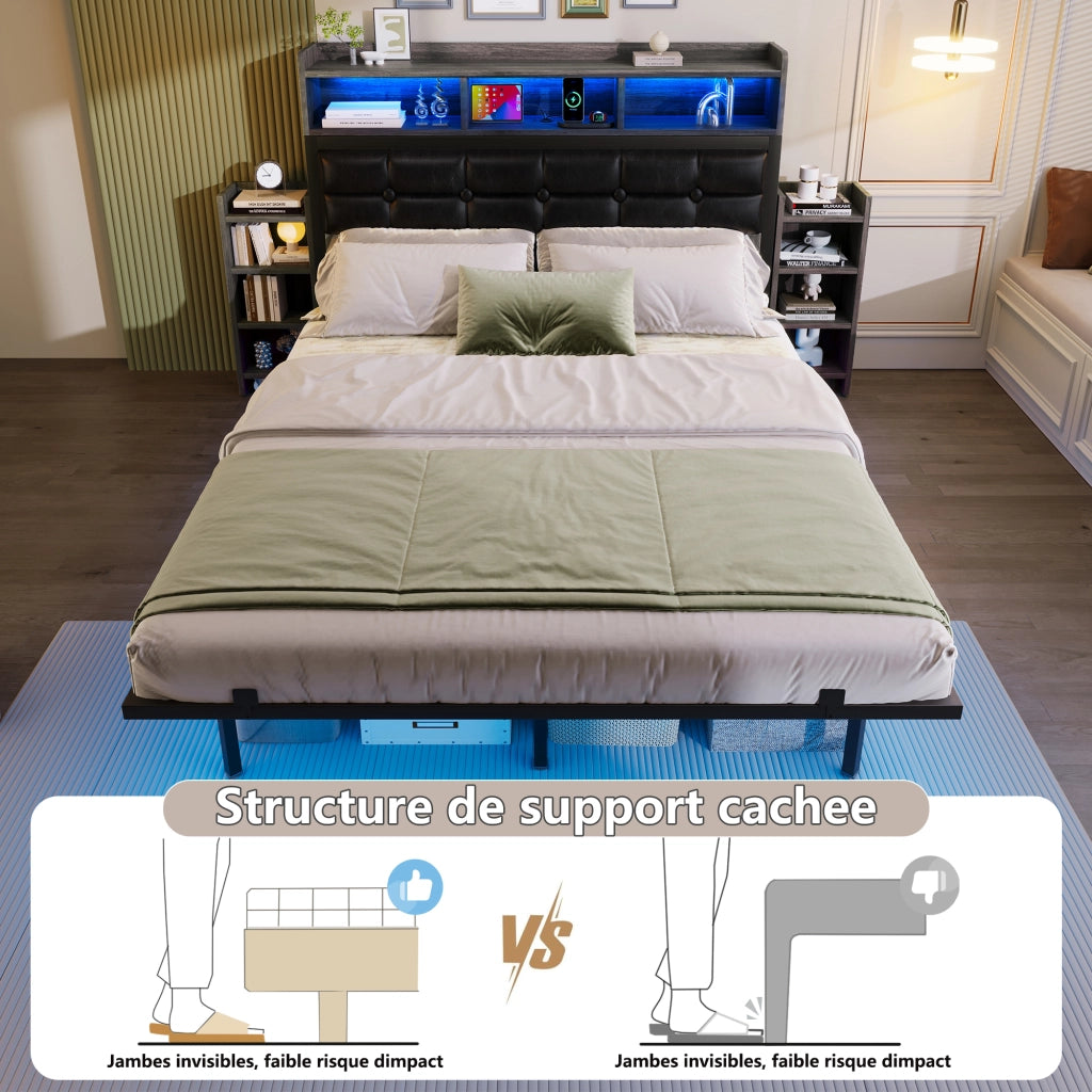 Letto matrimoniale con cassetti LED USB 140x190 cm metallo grigio