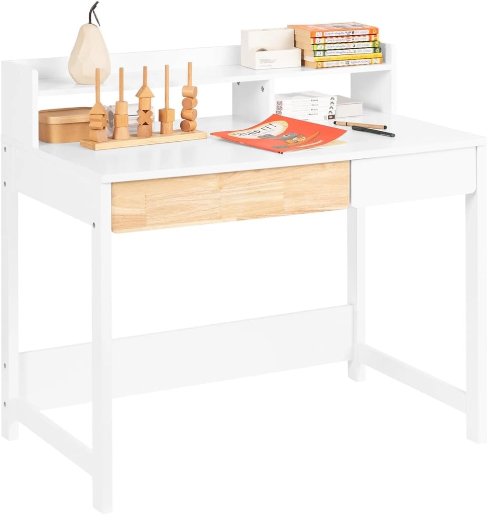 Scrivania Salvaspazio con 2 Cassetti Scrivania Ufficio Compatta Tavolo da Lavoro per Studio Cameretta e Camera da Letto Bianco 100x59x95cm FWT106-W