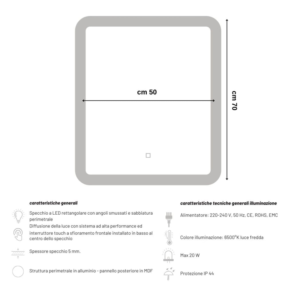 Specchio 5 mm rettangolare led interruttore touch alluminio mdf bagno *** misure 50x70 cm, tonalità dimmerabile 2700...