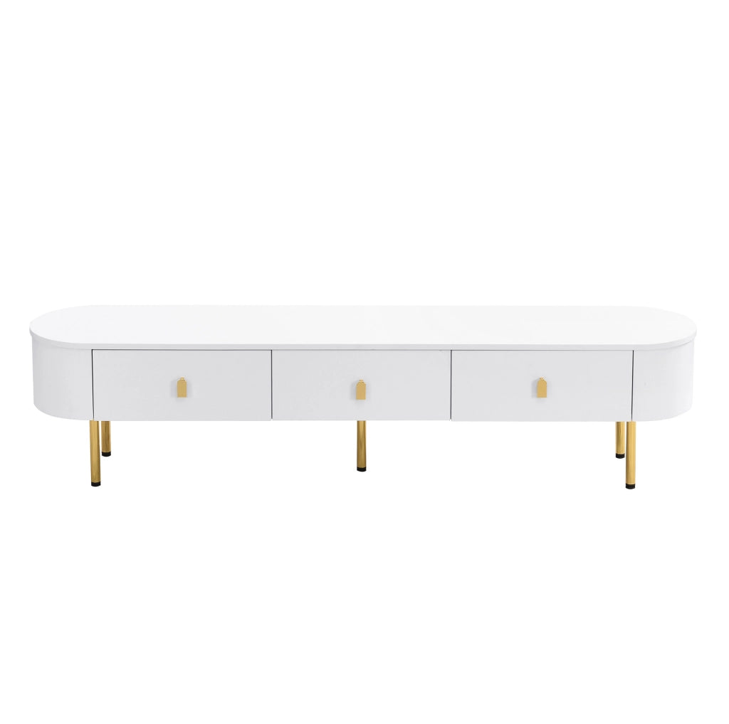 Mobile TV in MDF bianco con maniglie e gambe dorate, 174x35x41 cm, 3 cassetti