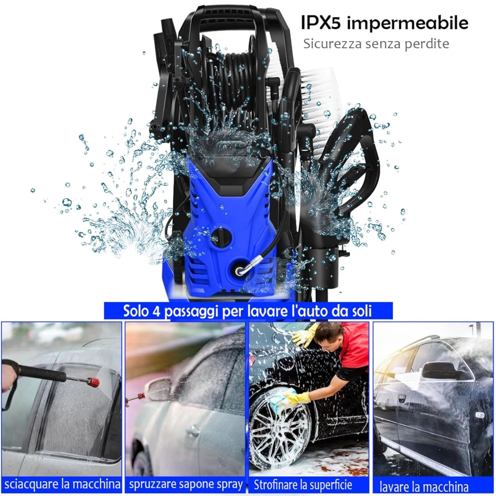 Idropulitrice con 2030 PSI, 5L / Min Idropulitrice Portatile con Ugello Lotus e Ugello ad Alta Pressione, Cavi e Tubi Più lunghi, Adatto per La pulizia di Giardini, Auto,Case(blu)