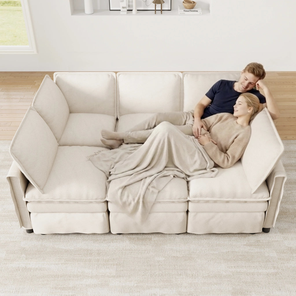 Divano letto modulare XXL in ciniglia beige; 6 posti; componibile a U o L con pouf mobile