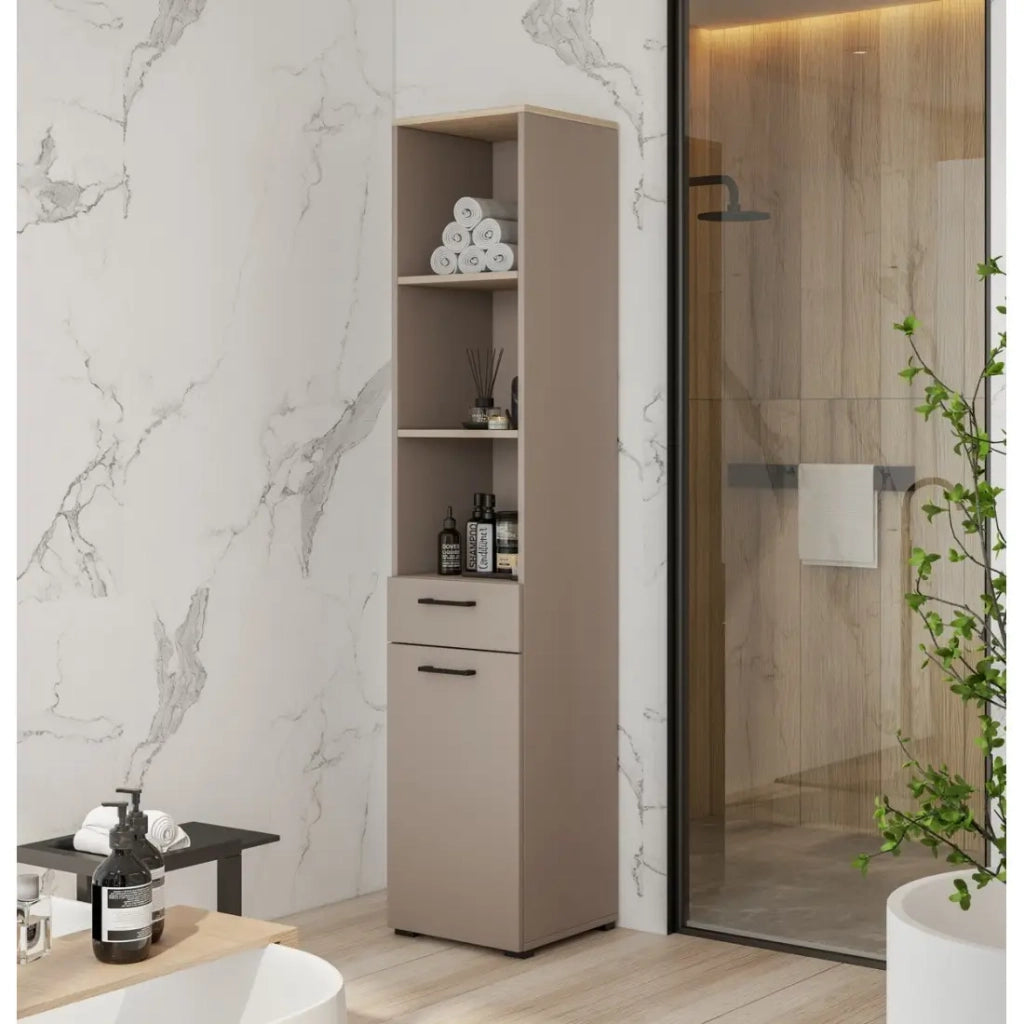Mobile alto da collezione WASHING – 1 cassetto, 1 porta e 1 cesto – Colore taupe e quercia