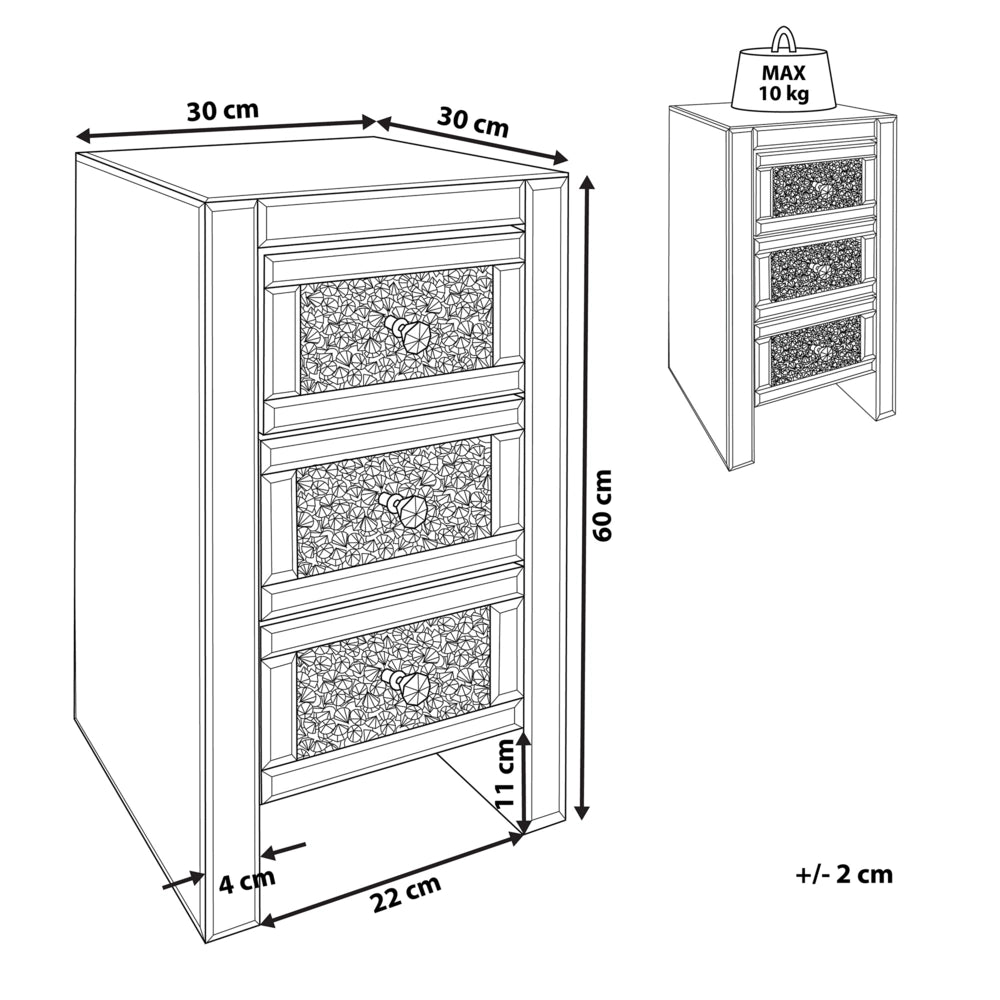 Comodino argento specchiato 3 cassetti cassettiera 60 x 30 x 30 cm moderno glam soggiorno camera da letto