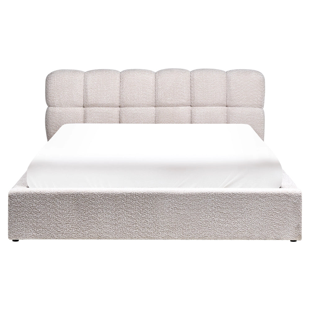 Letto King Size EU in tessuto bouclé beige chiaro 160 x 200 cm Struttura imbottita con testiera effetto biscotto e vano contenitore