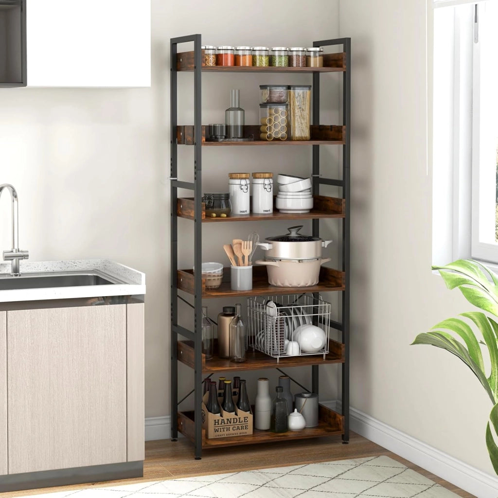 Libreria a 6 Livelli, Scaffale con 4 Ganci, in Metallo, per Soggiorno, Studio, 69 x 34 x 177 cm