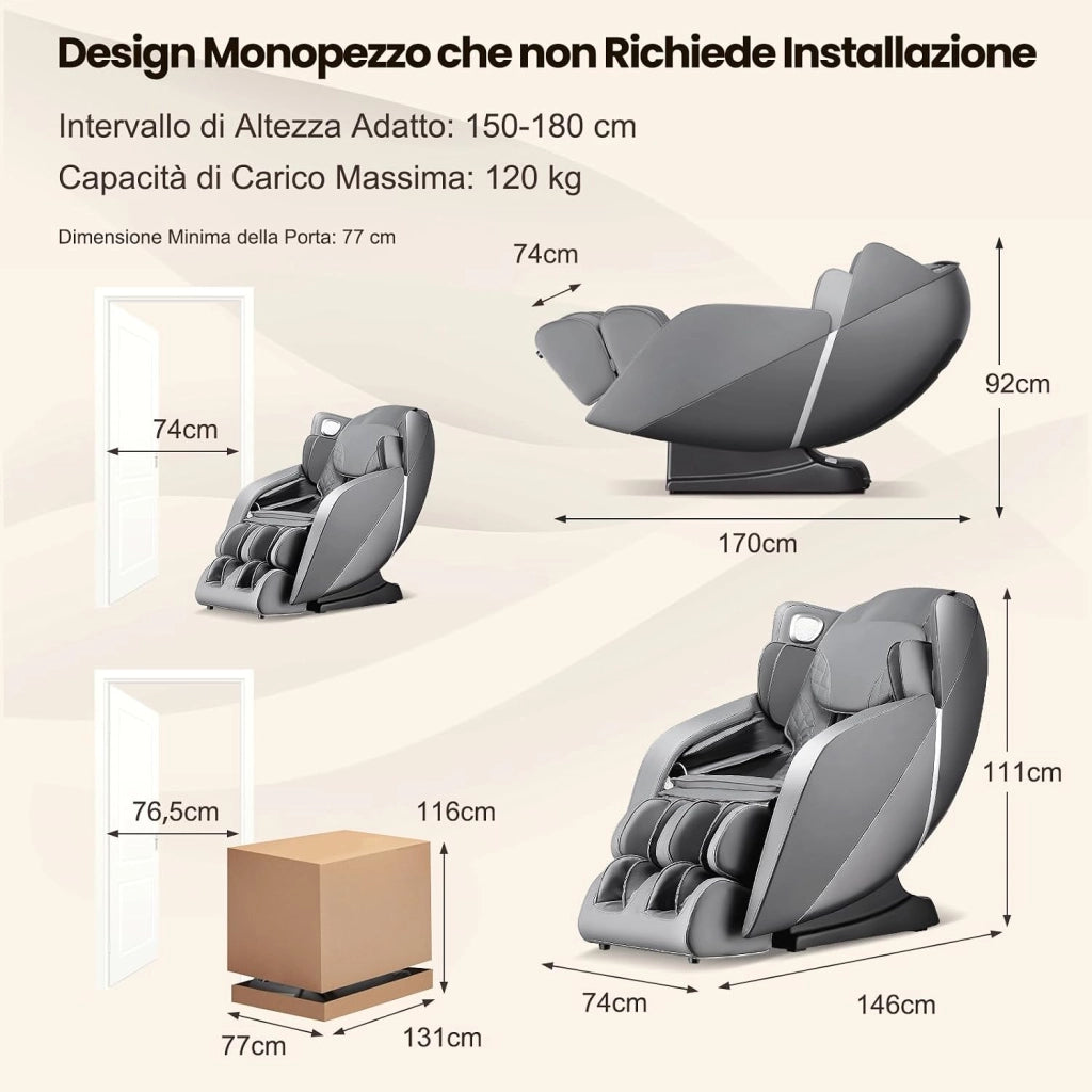 Poltrona Massaggiante, Sedia da Massaggio con 12 Modalità, 6 Tecniche di Massaggio, Stretch Thailandese e Guida SL, Poltrona Relax con Telecomando per Tutto il Corpo (Grigio)