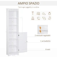 Mobiletto del Bagno a Torre 3 Ripiani Regolabili su 3 Livelli e 1 Ampio Armadietto Inferiore Manopole sull'Anta MDF Bianco 40x23x160cm