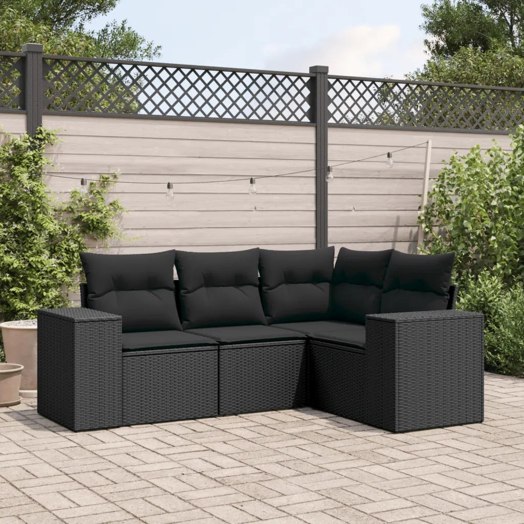 Set Divani da Giardino 4 pz | Set Salotto da Giardino con Cuscini Nero in Polyrattan