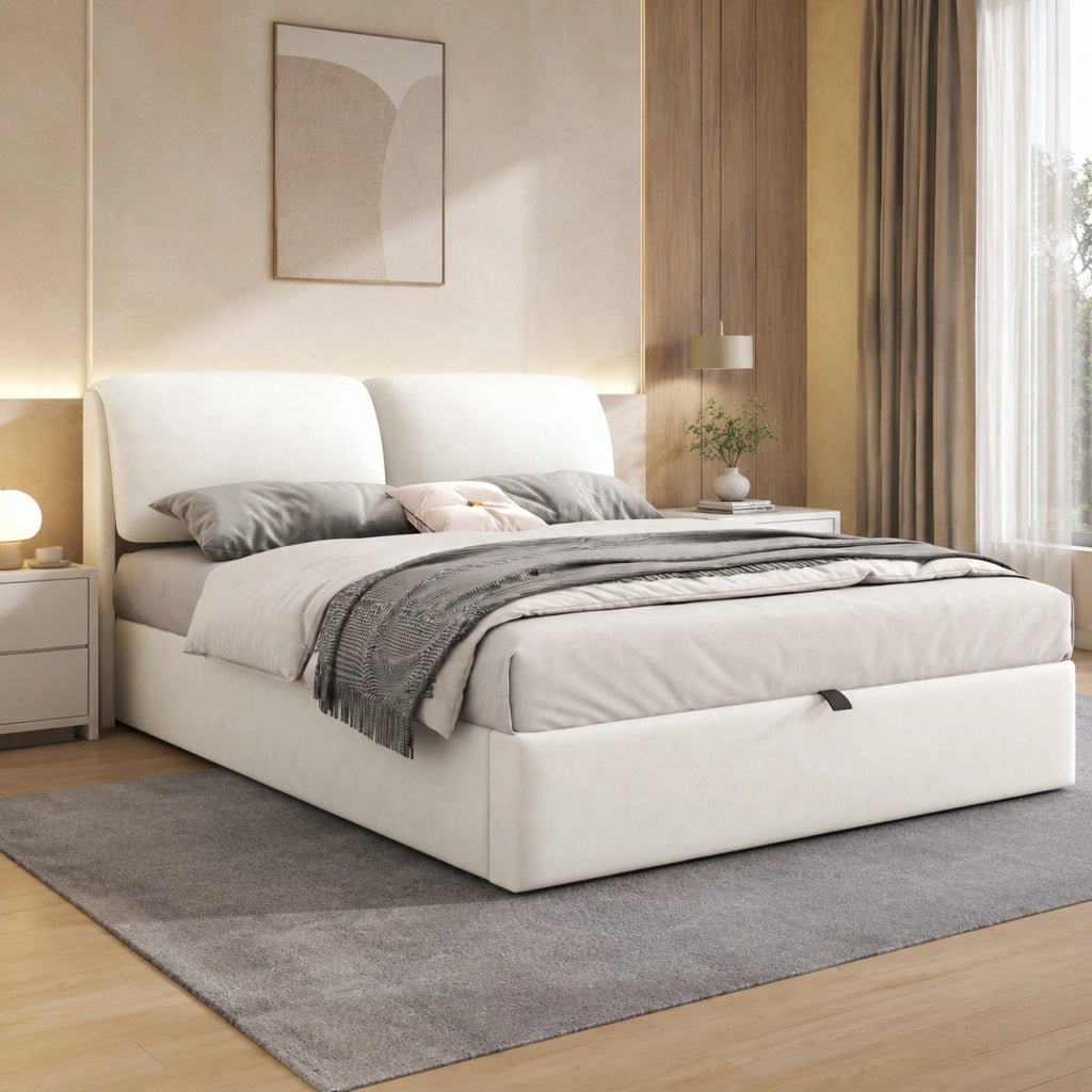 Letto imbottito 140x200 in velluto beige con contenitore, 3 cassetti, testiera e rete a doghe