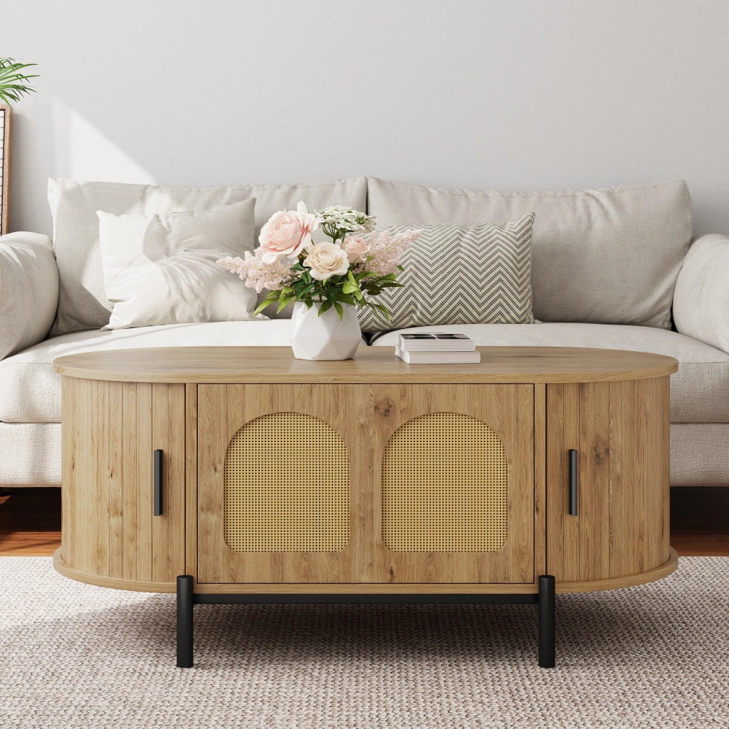 TAVOLINO DA SALOTTO Ovale 100x50x40 cm MDF Naturale con ante in rattan
