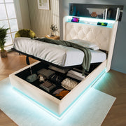 LETTO 90x200 cm con LED, USB Tipo-C, PU bianco, contenitore idraulico
