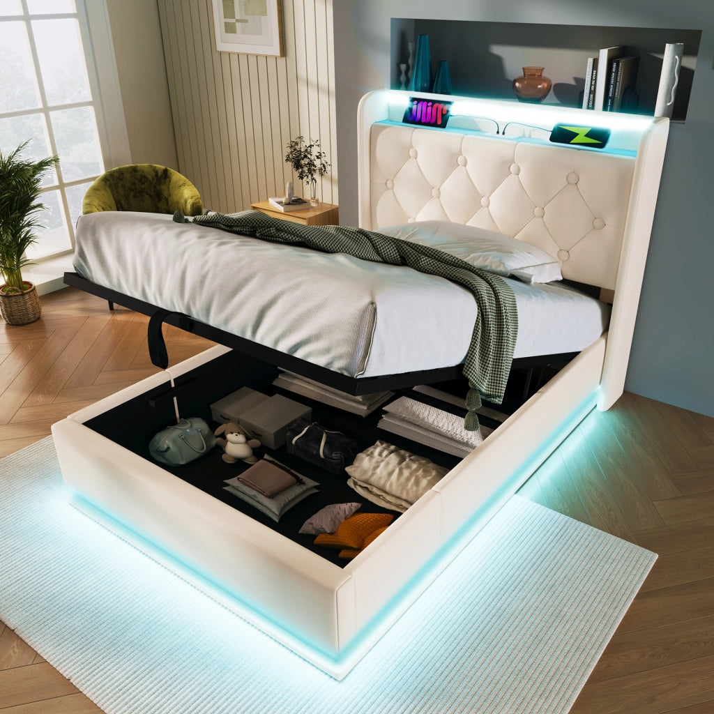 LETTO 90x200 cm con LED, USB Tipo-C, PU bianco, contenitore idraulico