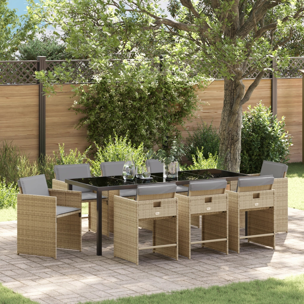 Set da Pranzo in Giardino 9 Pezzi con Cuscini Beige Polyrattan