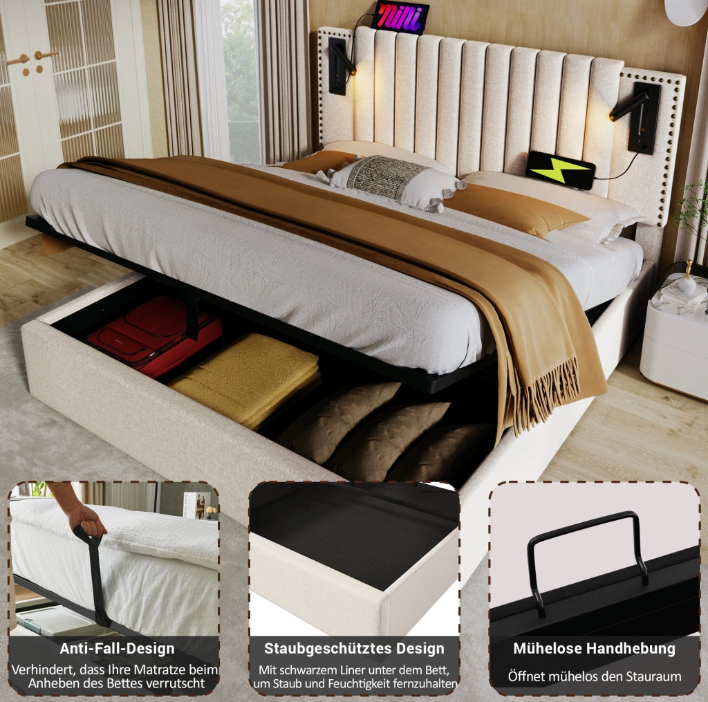 Letto matrimoniale imbottito 140x200 cm beige con contenitore; luce da lettura e porte USB-C