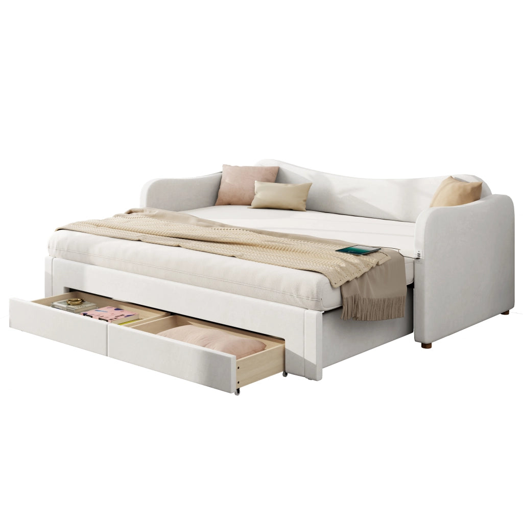 Letto imbottito estraibile 90x200 cm in velluto beige con 2 cassetti, porta USB e USB-C