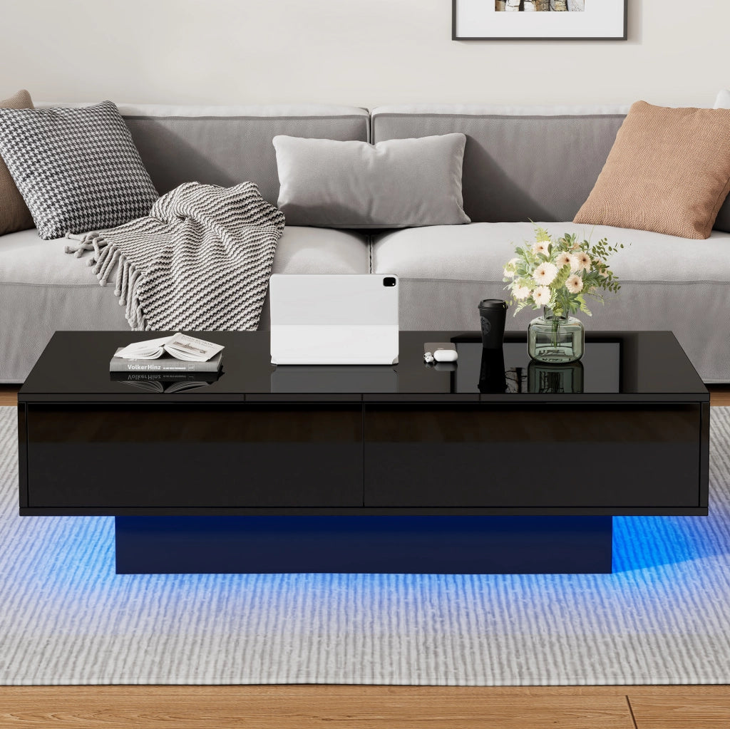 Tavolino da caffè nero lucido con LED e 2 cassetti, 115 x 55 x 34 cm