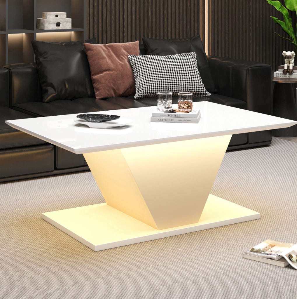 Tavolino da caffè bianco con LED USB, design a V, 100x50x46 cm