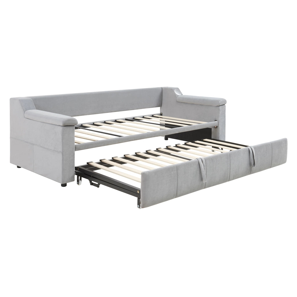 Divano letto imbottito trasformabile 90/180x190 cm con Bluetooth; USB e vani contenitore; grigio