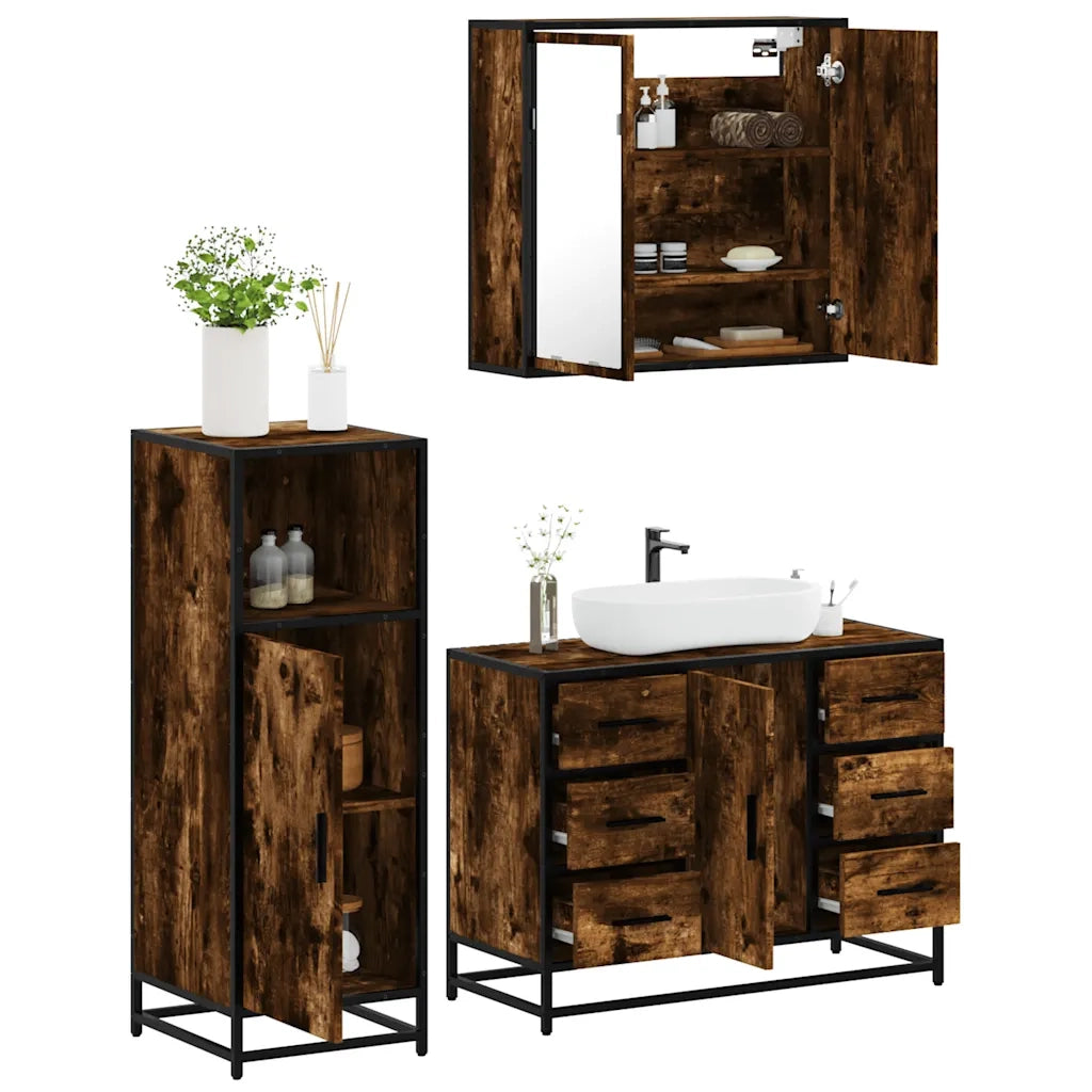 Set Mobili da Bagno 3 pz Rovere Fumo in Legno Multistrato 3300962