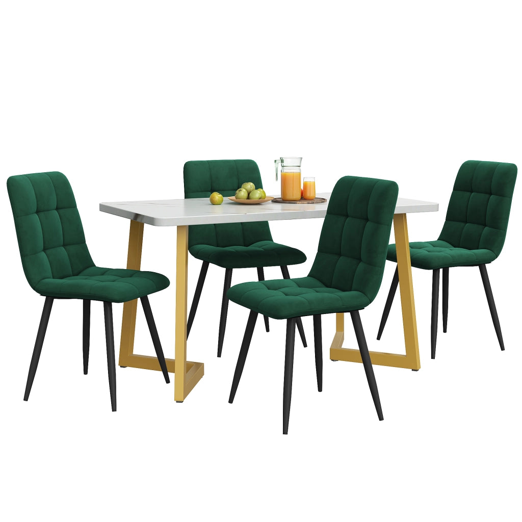 Tavolo da pranzo per 4 persone con 4 sedie, piano effetto marmo, sedute in velluto, per cucina, in MDF, verde