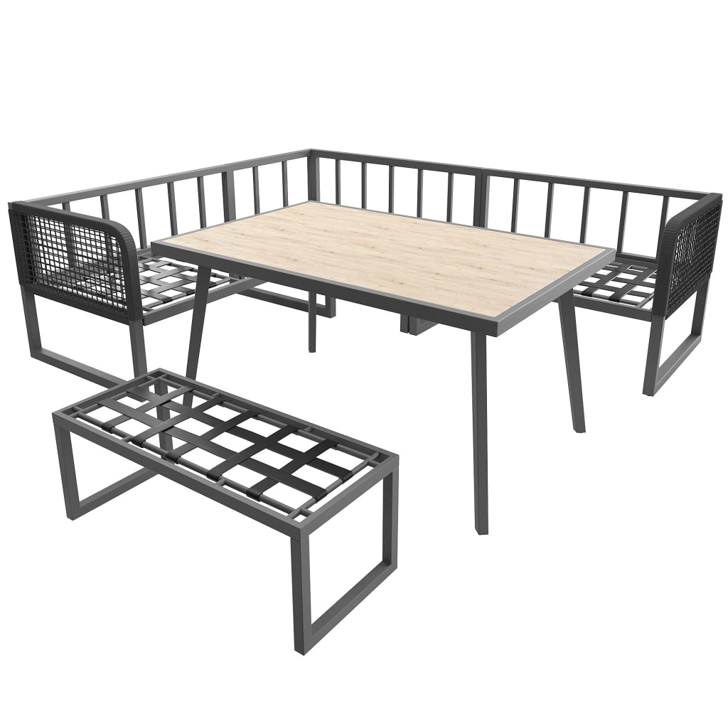 Set divano da giardino modulare 6 posti in PE rattan grigio con tavolino in vetro