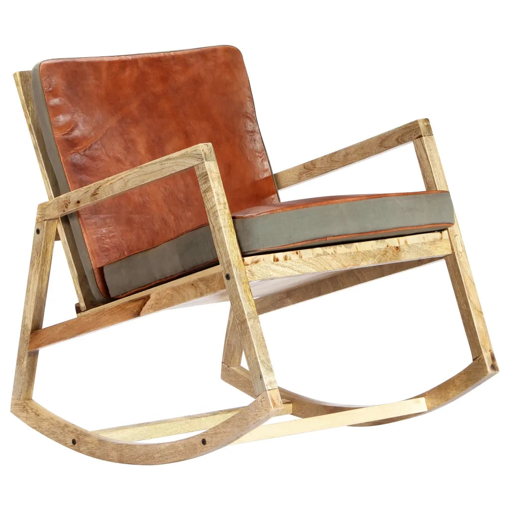 Sedia a Dondolo Marrone in Vera Pelle e Legno Massello di Mango 282906