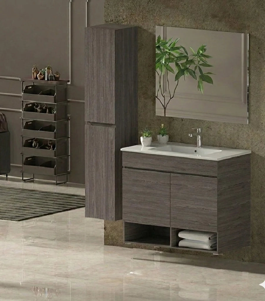 Mobile Bagno NEBARI Già Montato 2 portas, lavabo e specchio Rovere affumicato 70x40 cm con colonna